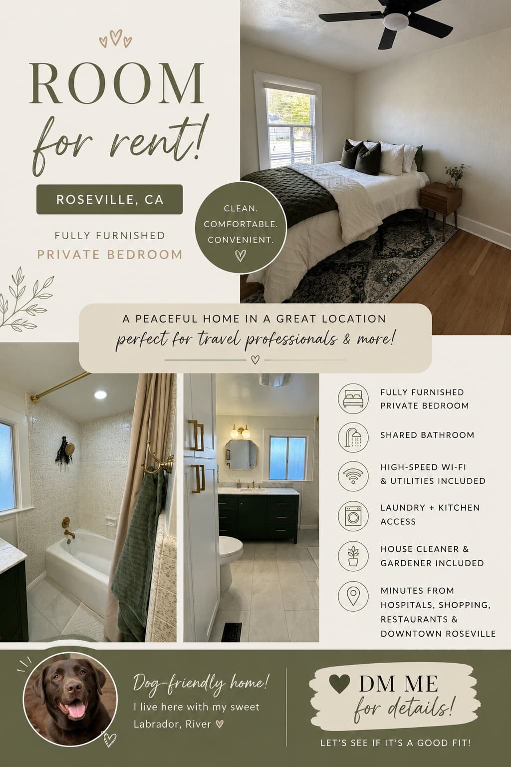 Fully furnished private room in roseville ca